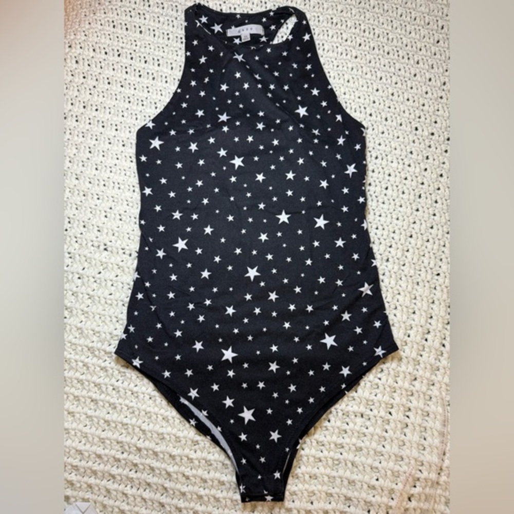 Gaze Star Print Sleeveless Bodysuit XS | Black & White | Snap Closure
